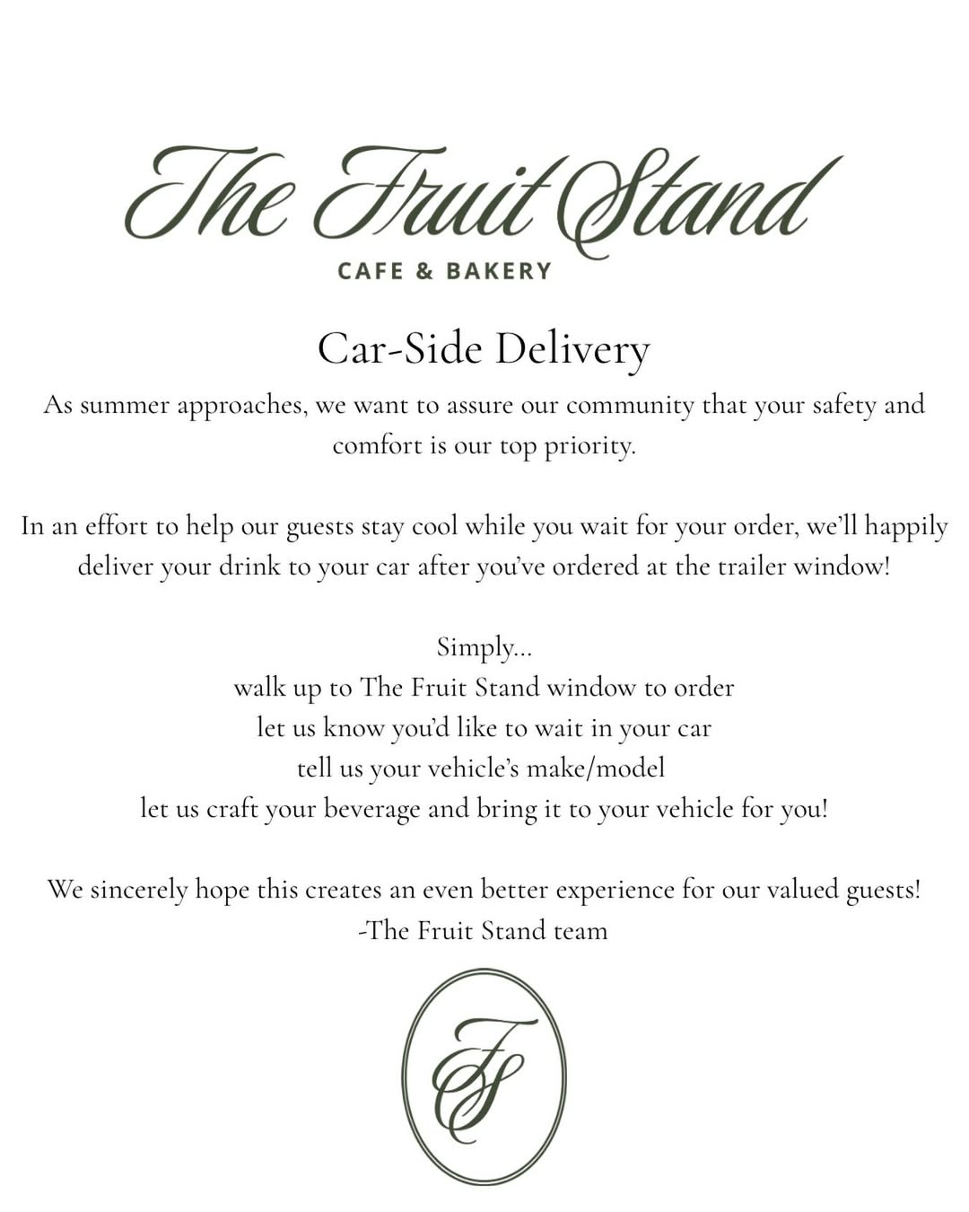 The Fruit Stand car-side delivery announcement