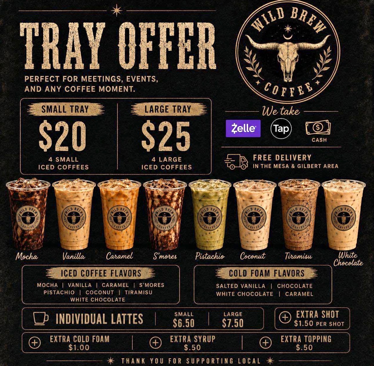 Wild Brew Coffee tray offer menu with iced coffee drinks