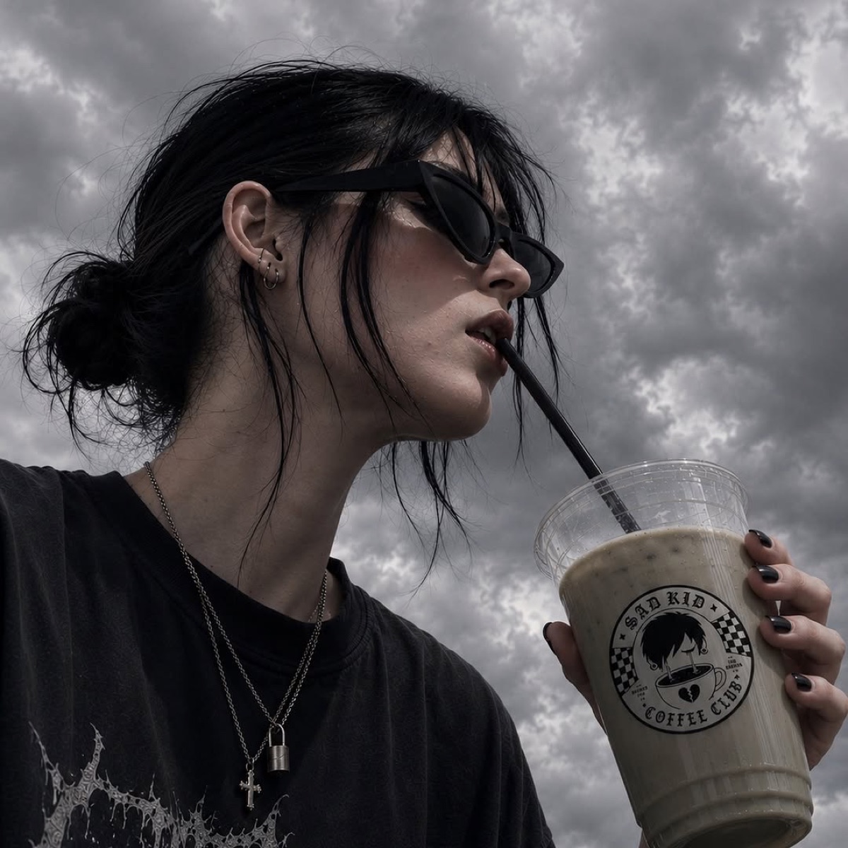 Sad Kid Coffee Club iced latte against dark clouds