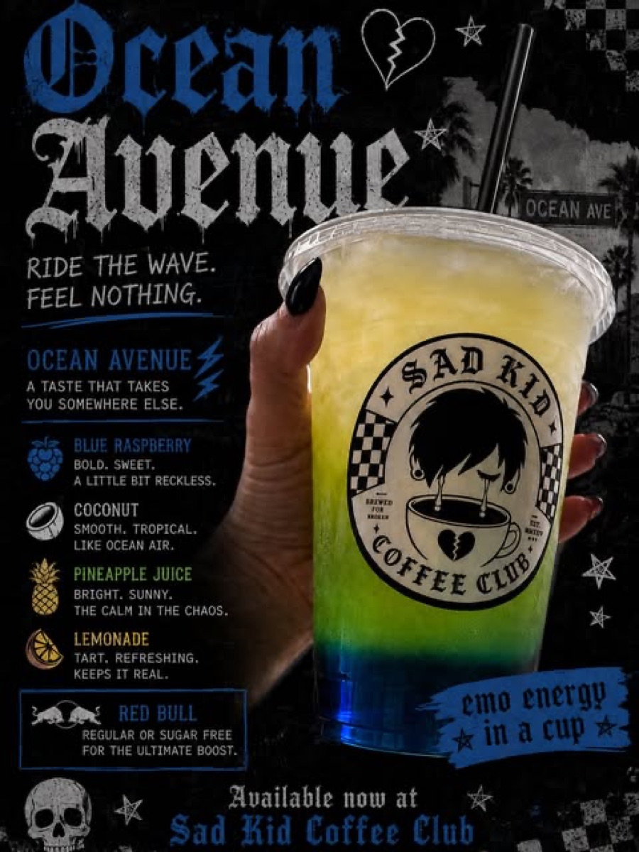 Ocean Avenue sipper poster with wave artwork and drink breakdown text